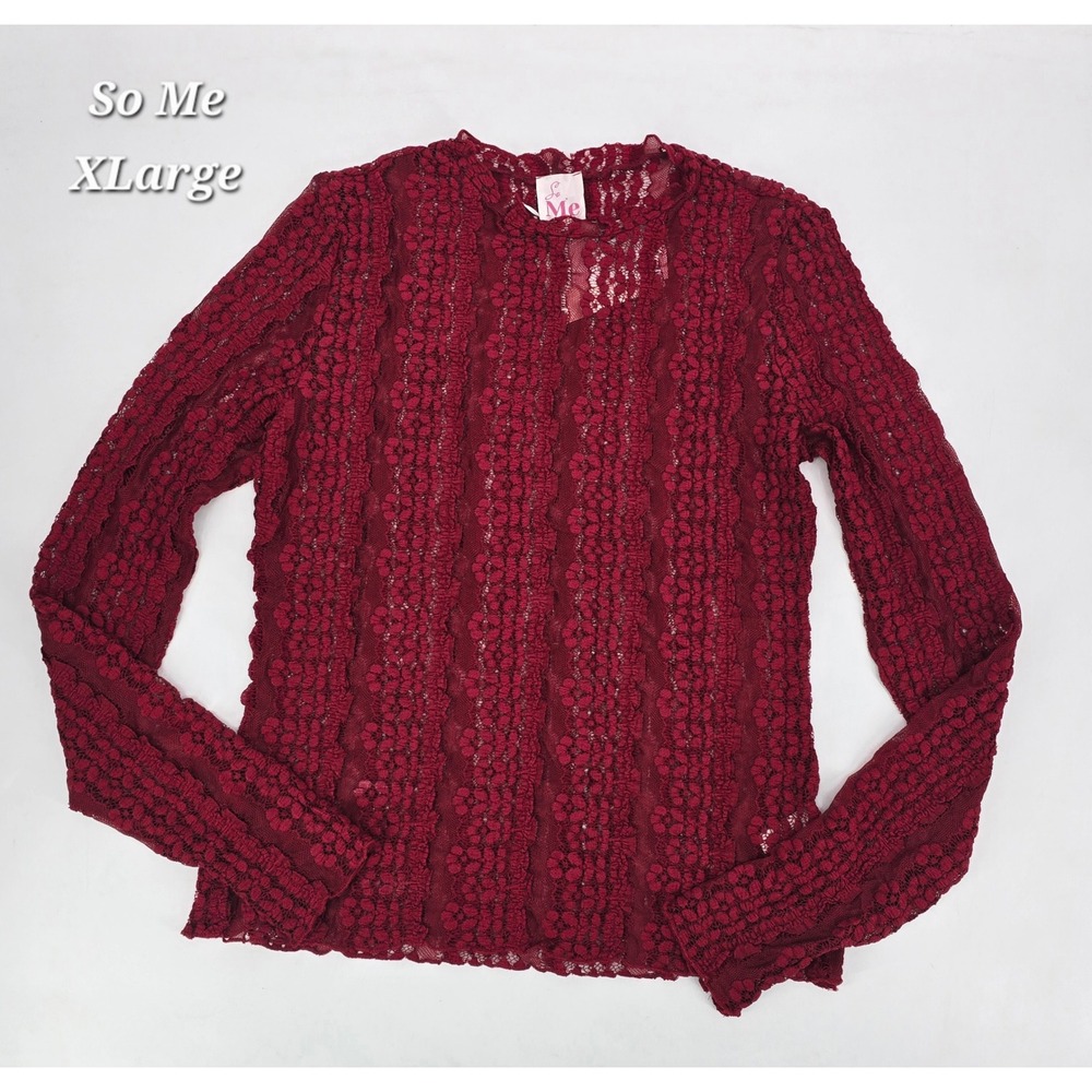 So Me Womens XL Burgundy Red Lace Long Sleeve Top Sheer Romantic Cottagecore NWT